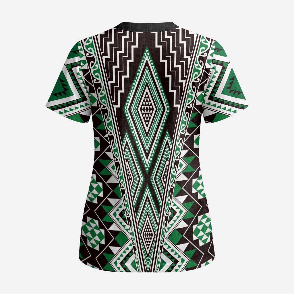 Green Aotearoa Tukutuku and Poutama Motif Scrub Top - Polynesian Pride