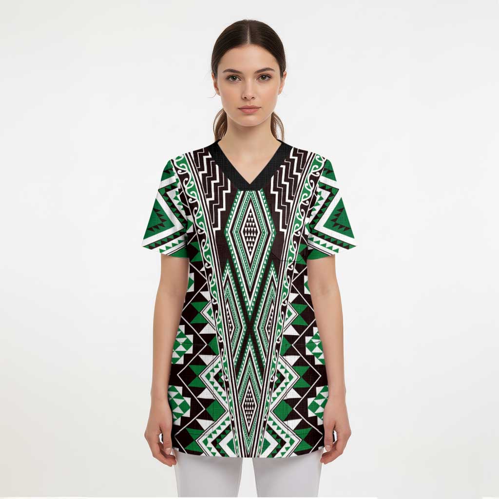 Green Aotearoa Tukutuku and Poutama Motif Scrub Top - Polynesian Pride
