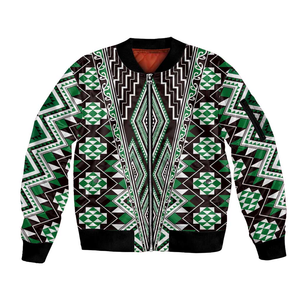 Green Aotearoa Tukutuku and Poutama Motif Sleeve Zip Bomber Jacket LT03 Unisex Green - Polynesian Pride