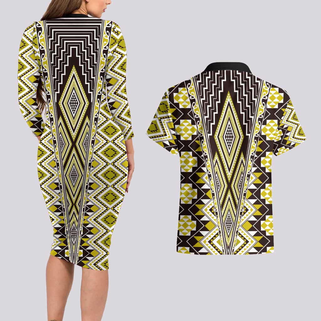 Yellow Aotearoa Tukutuku and Poutama Motif Couples Matching Long Sleeve Bodycon Dress and Hawaiian Shirt LT03 - Polynesian Pride