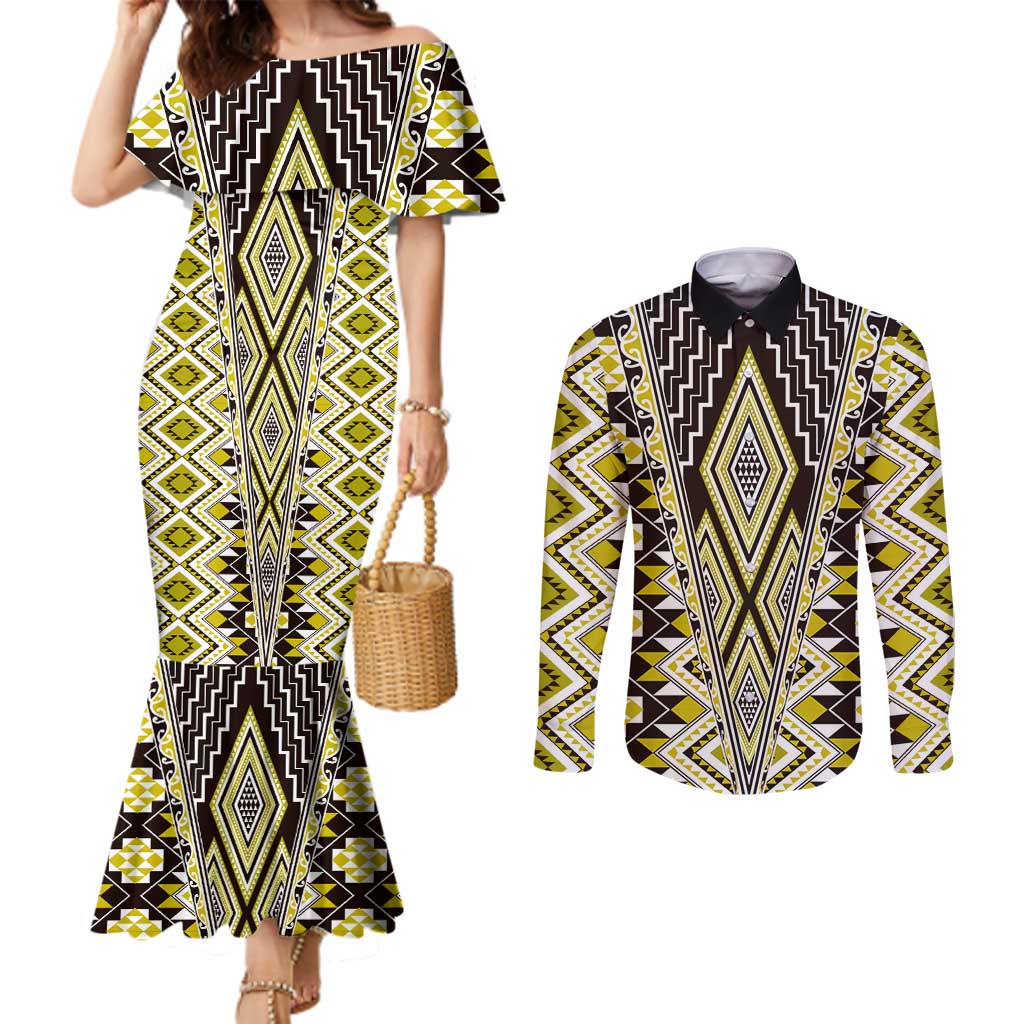 Yellow Aotearoa Tukutuku and Poutama Motif Couples Matching Mermaid Dress and Long Sleeve Button Shirt