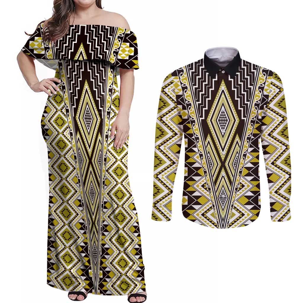 Yellow Aotearoa Tukutuku and Poutama Motif Couples Matching Off Shoulder Maxi Dress and Long Sleeve Button Shirt