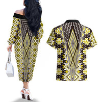 Yellow Aotearoa Tukutuku and Poutama Motif Couples Matching Off The Shoulder Long Sleeve Dress and Hawaiian Shirt LT03 - Polynesian Pride