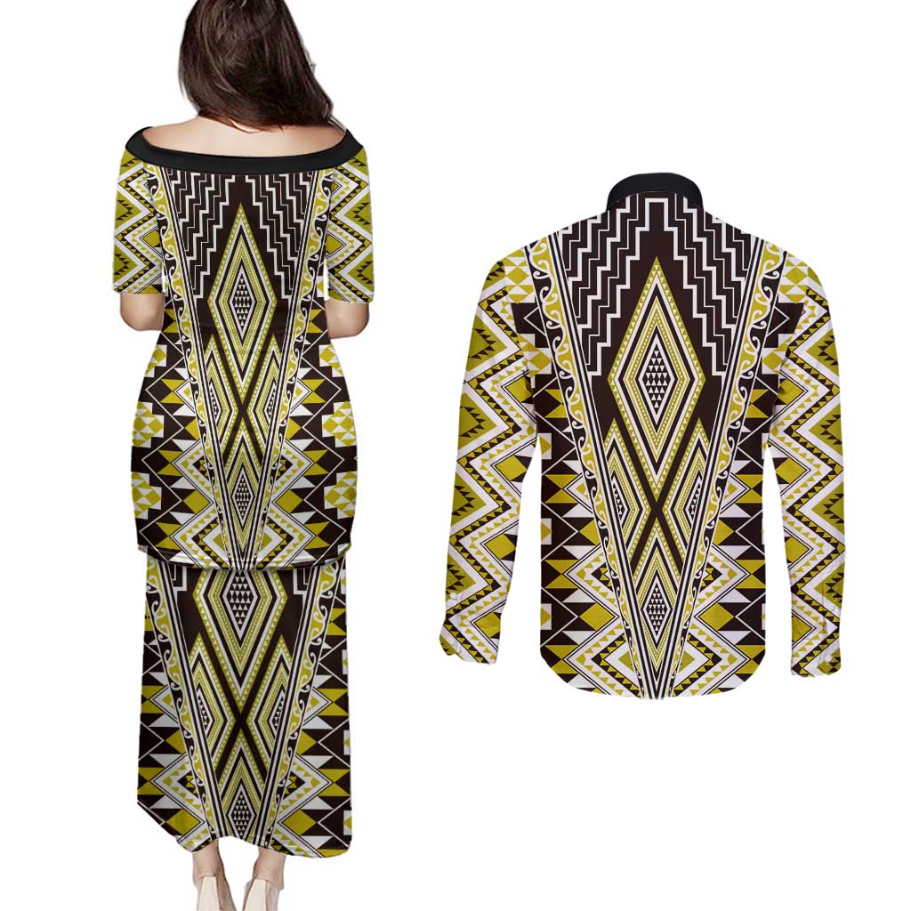 Yellow Aotearoa Tukutuku and Poutama Motif Couples Matching Puletasi and Long Sleeve Button Shirt LT03 - Polynesian Pride