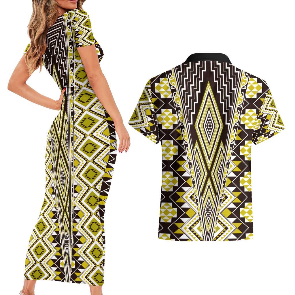 Yellow Aotearoa Tukutuku and Poutama Motif Couples Matching Short Sleeve Bodycon Dress and Hawaiian Shirt LT03 - Polynesian Pride