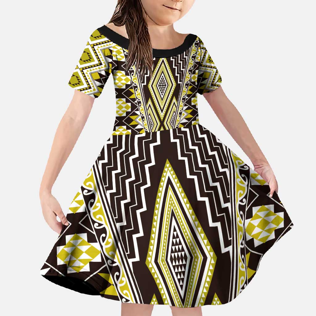 Yellow Aotearoa Tukutuku and Poutama Motif Family Matching Long Sleeve Bodycon Dress and Hawaiian Shirt LT03 Daughter's Dress Yellow - Polynesian Pride