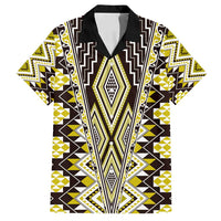 Yellow Aotearoa Tukutuku and Poutama Motif Family Matching Long Sleeve Bodycon Dress and Hawaiian Shirt LT03 Dad's Shirt - Short Sleeve Yellow - Polynesian Pride