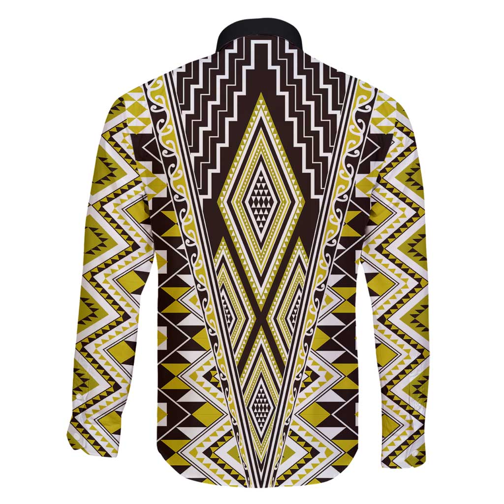 Yellow Aotearoa Tukutuku and Poutama Motif Family Matching Long Sleeve Bodycon Dress and Hawaiian Shirt LT03 - Polynesian Pride