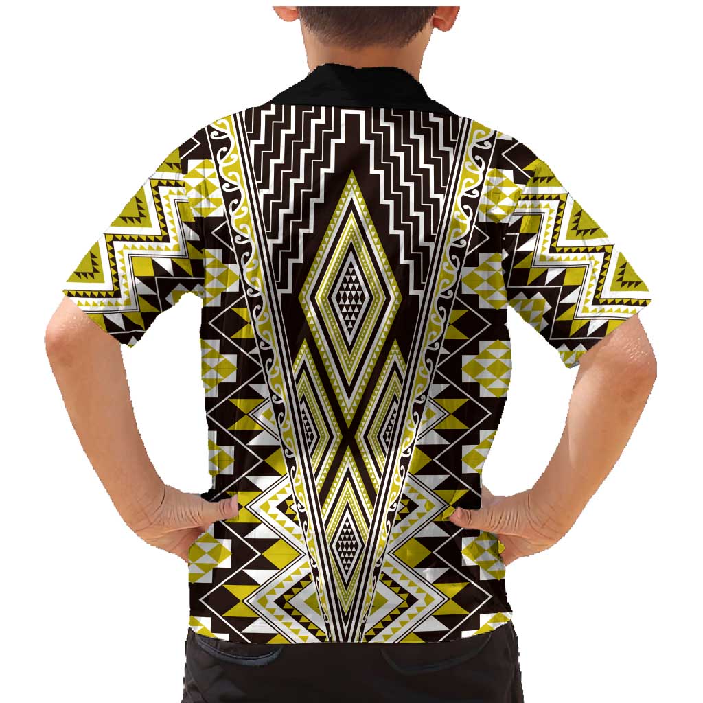 Yellow Aotearoa Tukutuku and Poutama Motif Family Matching Mermaid Dress and Hawaiian Shirt LT03 - Polynesian Pride