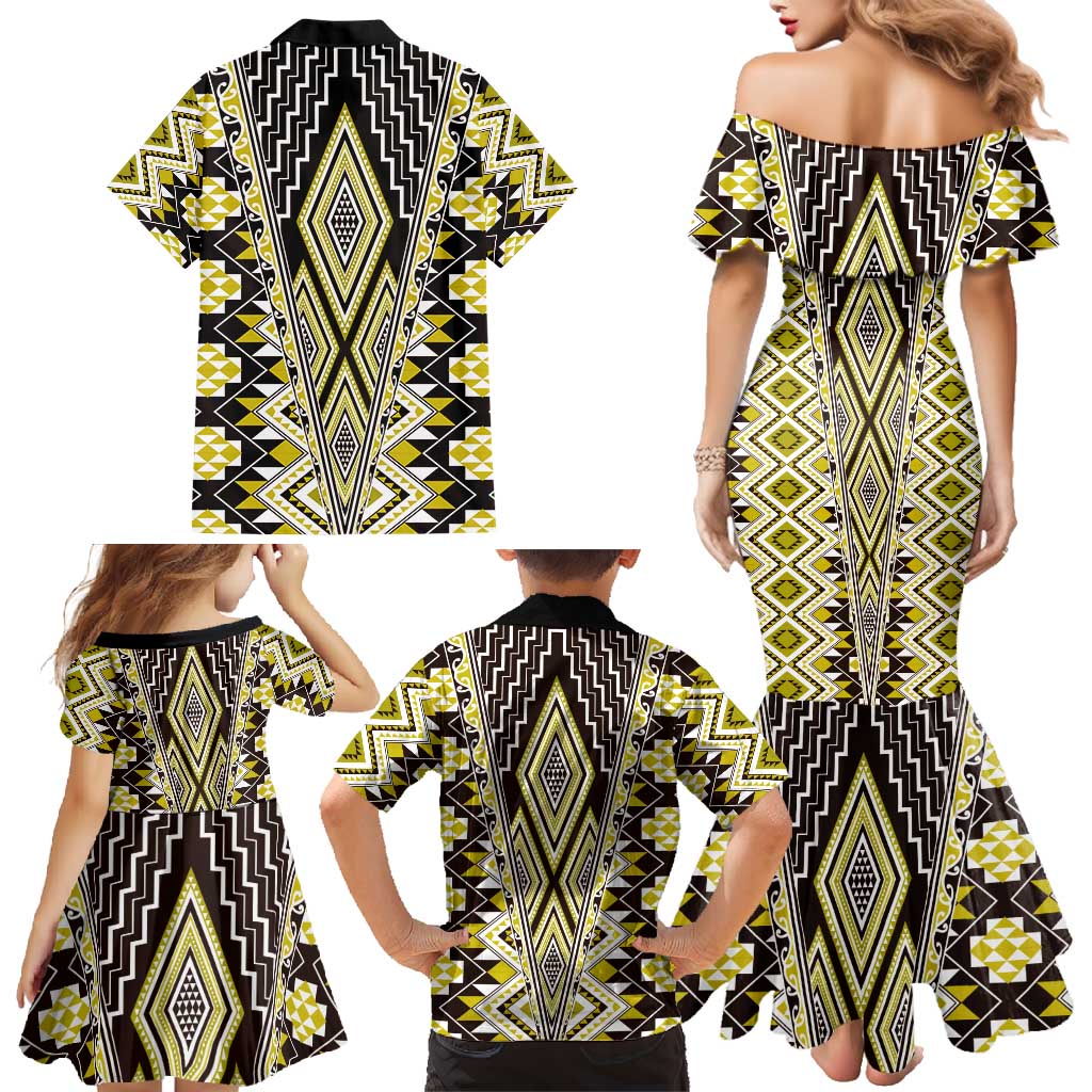 Yellow Aotearoa Tukutuku and Poutama Motif Family Matching Mermaid Dress and Hawaiian Shirt LT03 - Polynesian Pride