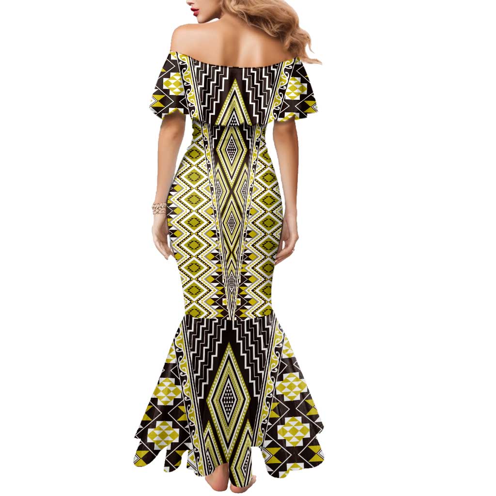 Yellow Aotearoa Tukutuku and Poutama Motif Family Matching Mermaid Dress and Hawaiian Shirt LT03 - Polynesian Pride