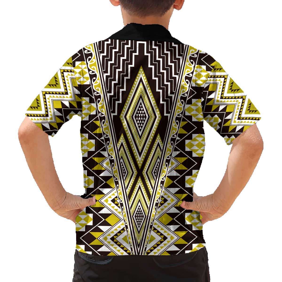 Yellow Aotearoa Tukutuku and Poutama Motif Family Matching Off The Shoulder Long Sleeve Dress and Hawaiian Shirt LT03 - Polynesian Pride