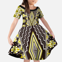 Yellow Aotearoa Tukutuku and Poutama Motif Family Matching Off The Shoulder Long Sleeve Dress and Hawaiian Shirt LT03 Daughter's Dress Yellow - Polynesian Pride