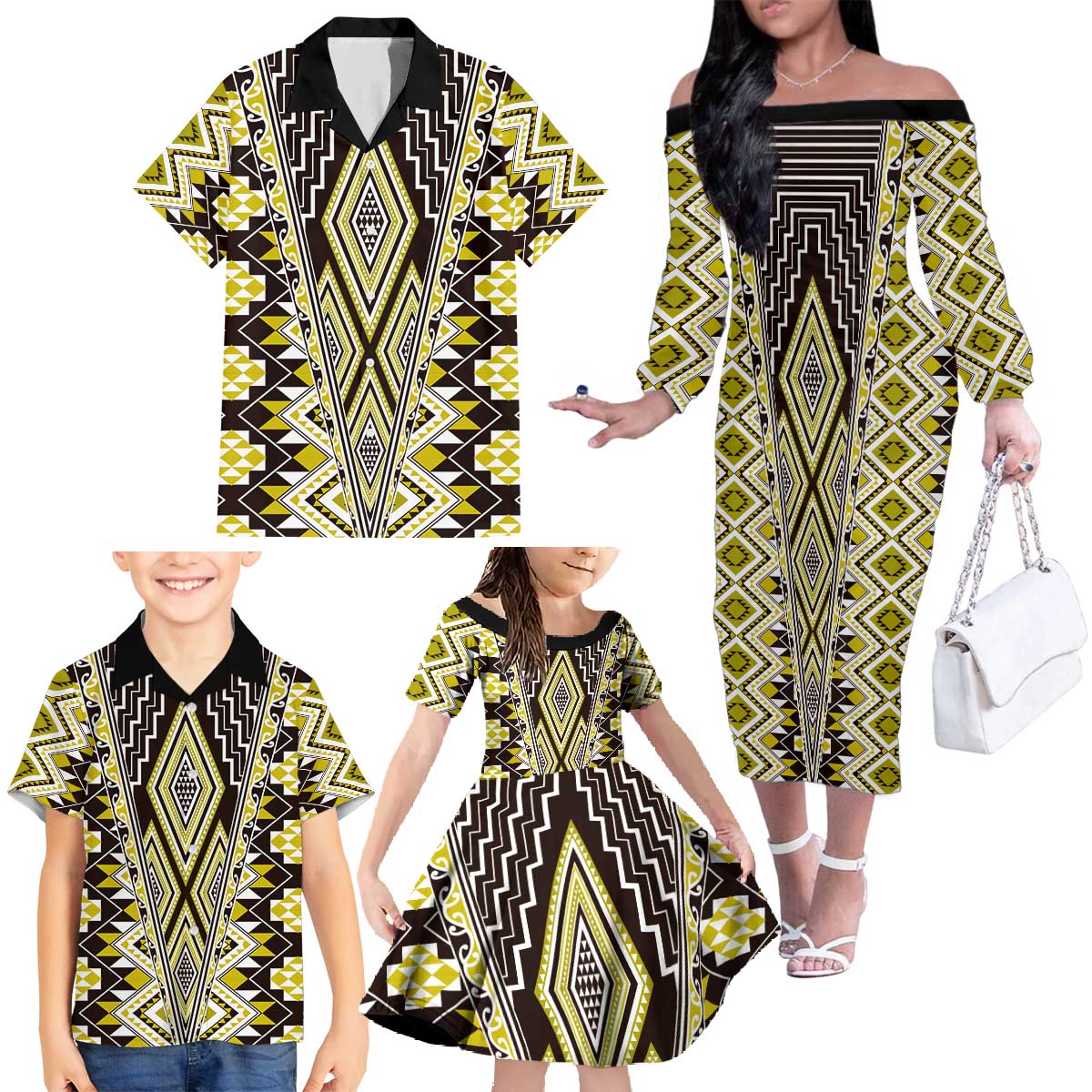 Yellow Aotearoa Tukutuku and Poutama Motif Family Matching Off The Shoulder Long Sleeve Dress and Hawaiian Shirt LT03 - Polynesian Pride