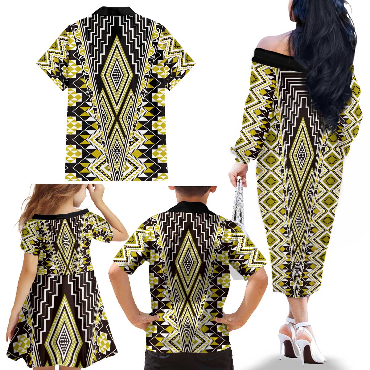 Yellow Aotearoa Tukutuku and Poutama Motif Family Matching Off The Shoulder Long Sleeve Dress and Hawaiian Shirt LT03 - Polynesian Pride