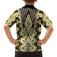 Yellow Aotearoa Tukutuku and Poutama Motif Family Matching Off Shoulder Maxi Dress and Hawaiian Shirt LT03 - Polynesian Pride