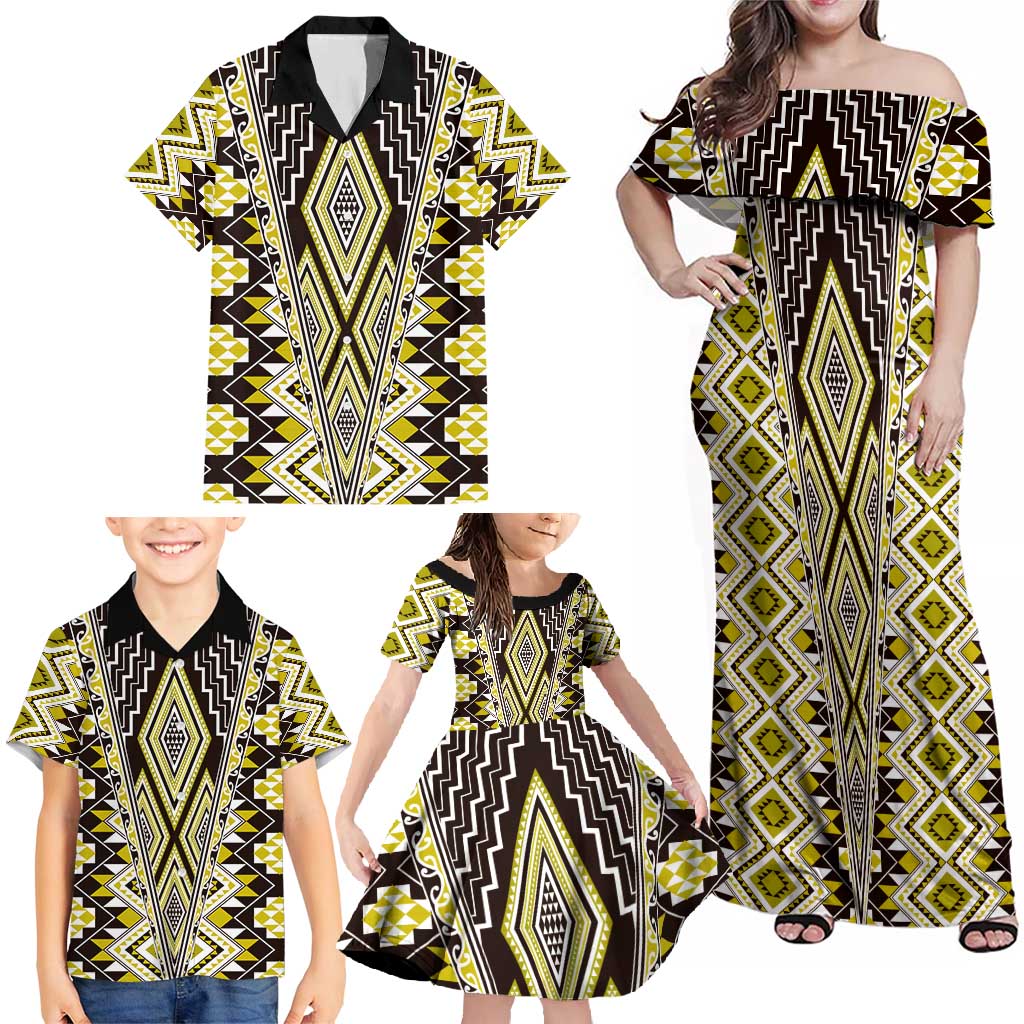 Yellow Aotearoa Tukutuku and Poutama Motif Family Matching Off Shoulder Maxi Dress and Hawaiian Shirt LT03 - Polynesian Pride