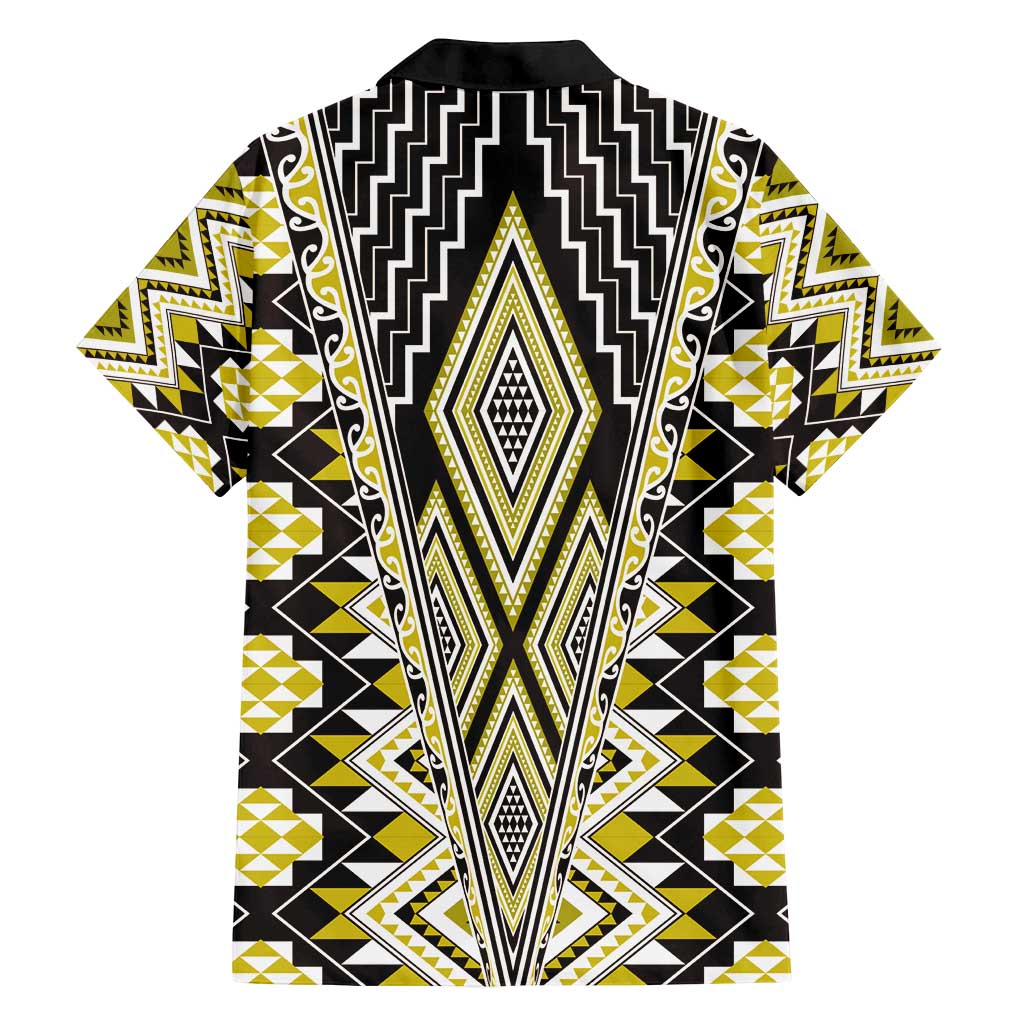 Yellow Aotearoa Tukutuku and Poutama Motif Family Matching Off Shoulder Maxi Dress and Hawaiian Shirt LT03 - Polynesian Pride