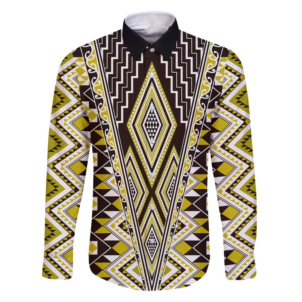 Yellow Aotearoa Tukutuku and Poutama Motif Family Matching Off Shoulder Maxi Dress and Hawaiian Shirt LT03 Dad's Shirt - Long Sleeve Yellow - Polynesian Pride