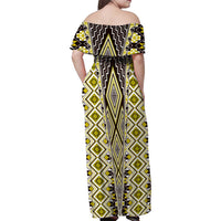 Yellow Aotearoa Tukutuku and Poutama Motif Family Matching Off Shoulder Maxi Dress and Hawaiian Shirt LT03 - Polynesian Pride