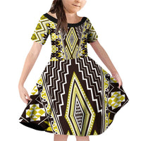 Yellow Aotearoa Tukutuku and Poutama Motif Family Matching Off Shoulder Short Dress and Hawaiian Shirt LT03 Daughter's Dress Yellow - Polynesian Pride