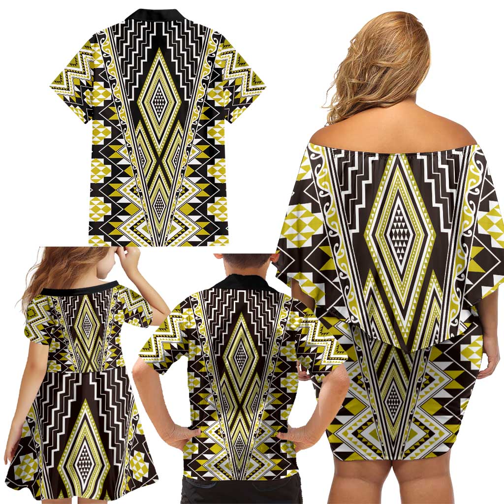 Yellow Aotearoa Tukutuku and Poutama Motif Family Matching Off Shoulder Short Dress and Hawaiian Shirt LT03 - Polynesian Pride
