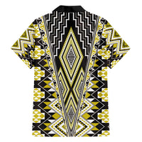 Yellow Aotearoa Tukutuku and Poutama Motif Family Matching Off Shoulder Short Dress and Hawaiian Shirt LT03 - Polynesian Pride