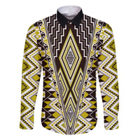 Yellow Aotearoa Tukutuku and Poutama Motif Family Matching Off Shoulder Short Dress and Hawaiian Shirt LT03 Dad's Shirt - Long Sleeve Yellow - Polynesian Pride