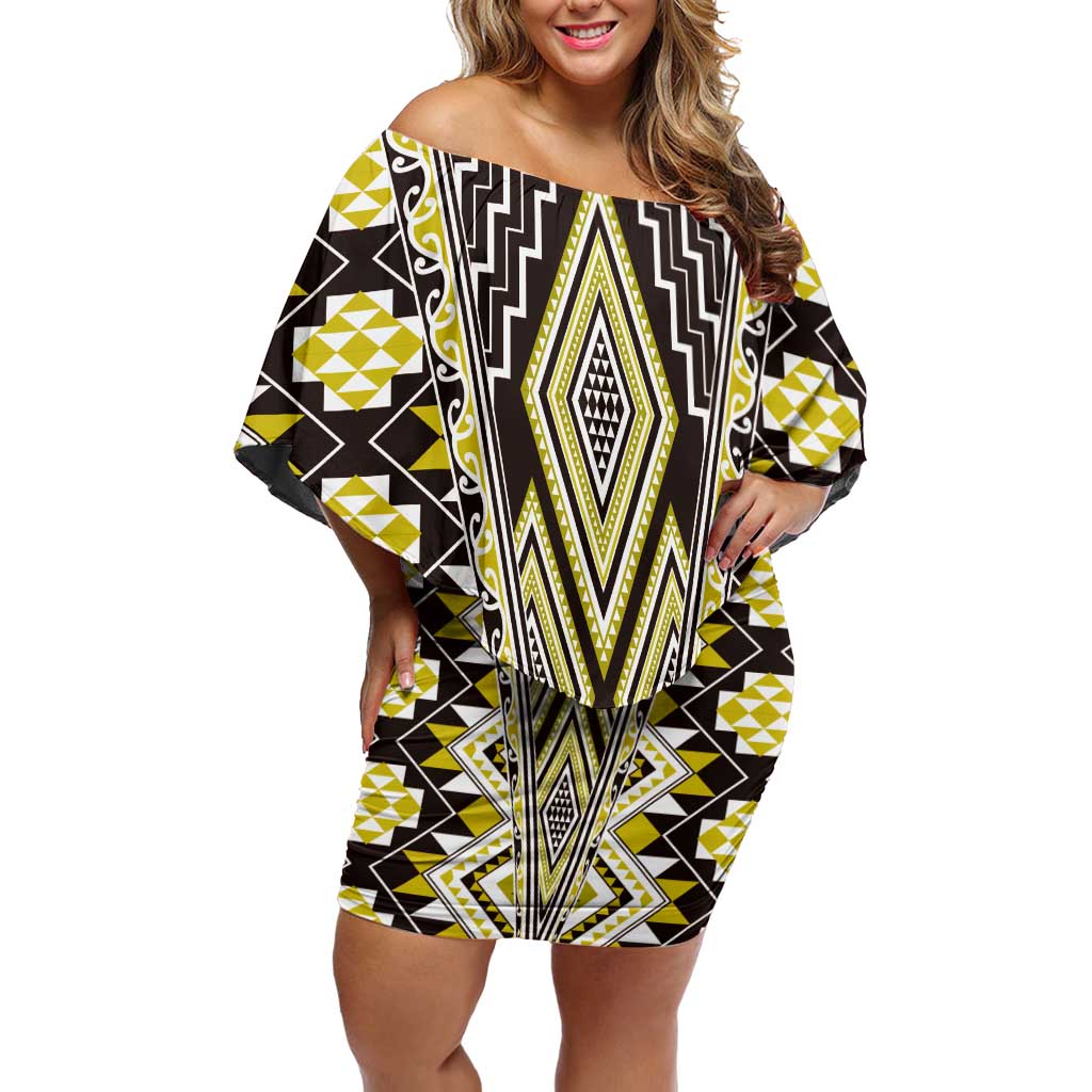 Yellow Aotearoa Tukutuku and Poutama Motif Family Matching Off Shoulder Short Dress and Hawaiian Shirt LT03 Mom's Dress Yellow - Polynesian Pride
