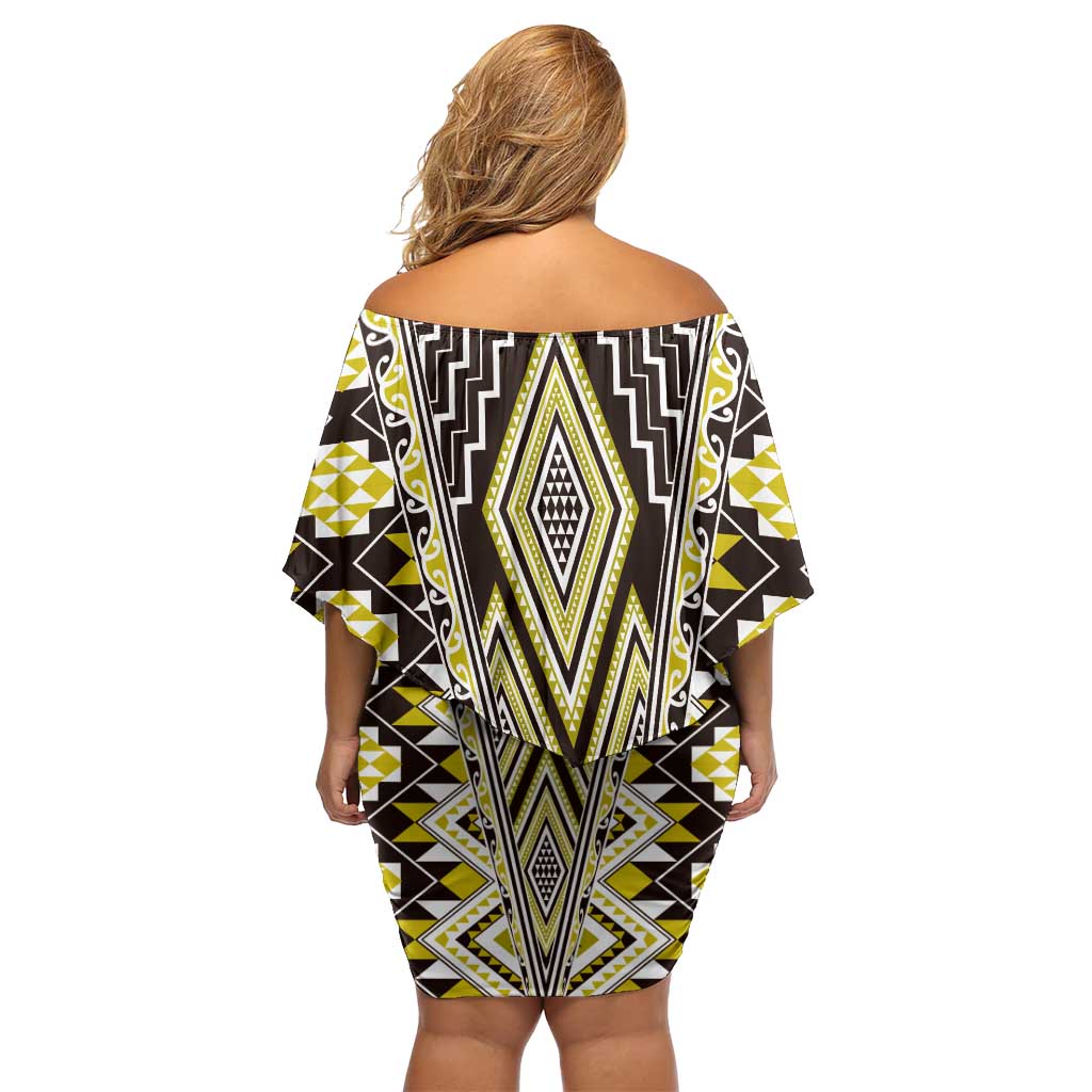 Yellow Aotearoa Tukutuku and Poutama Motif Family Matching Off Shoulder Short Dress and Hawaiian Shirt LT03 - Polynesian Pride