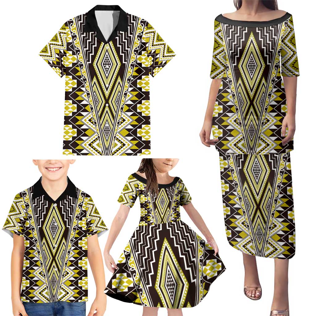 Yellow Aotearoa Tukutuku and Poutama Motif Family Matching Puletasi and Hawaiian Shirt LT03 - Polynesian Pride