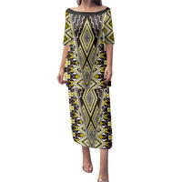 Yellow Aotearoa Tukutuku and Poutama Motif Family Matching Puletasi and Hawaiian Shirt LT03 Mom's Dress Yellow - Polynesian Pride