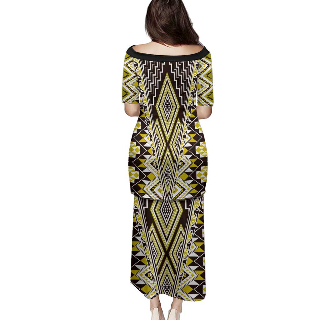 Yellow Aotearoa Tukutuku and Poutama Motif Family Matching Puletasi and Hawaiian Shirt LT03 - Polynesian Pride