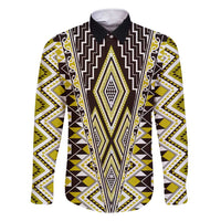Yellow Aotearoa Tukutuku and Poutama Motif Family Matching Short Sleeve Bodycon Dress and Hawaiian Shirt LT03 Dad's Shirt - Long Sleeve Yellow - Polynesian Pride