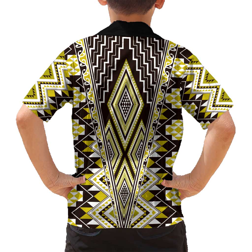 Yellow Aotearoa Tukutuku and Poutama Motif Family Matching Summer Maxi Dress and Hawaiian Shirt LT03 - Polynesian Pride
