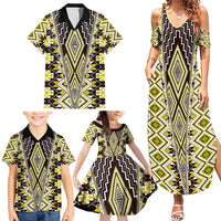 Yellow Aotearoa Tukutuku and Poutama Motif Family Matching Summer Maxi Dress and Hawaiian Shirt LT03 - Polynesian Pride