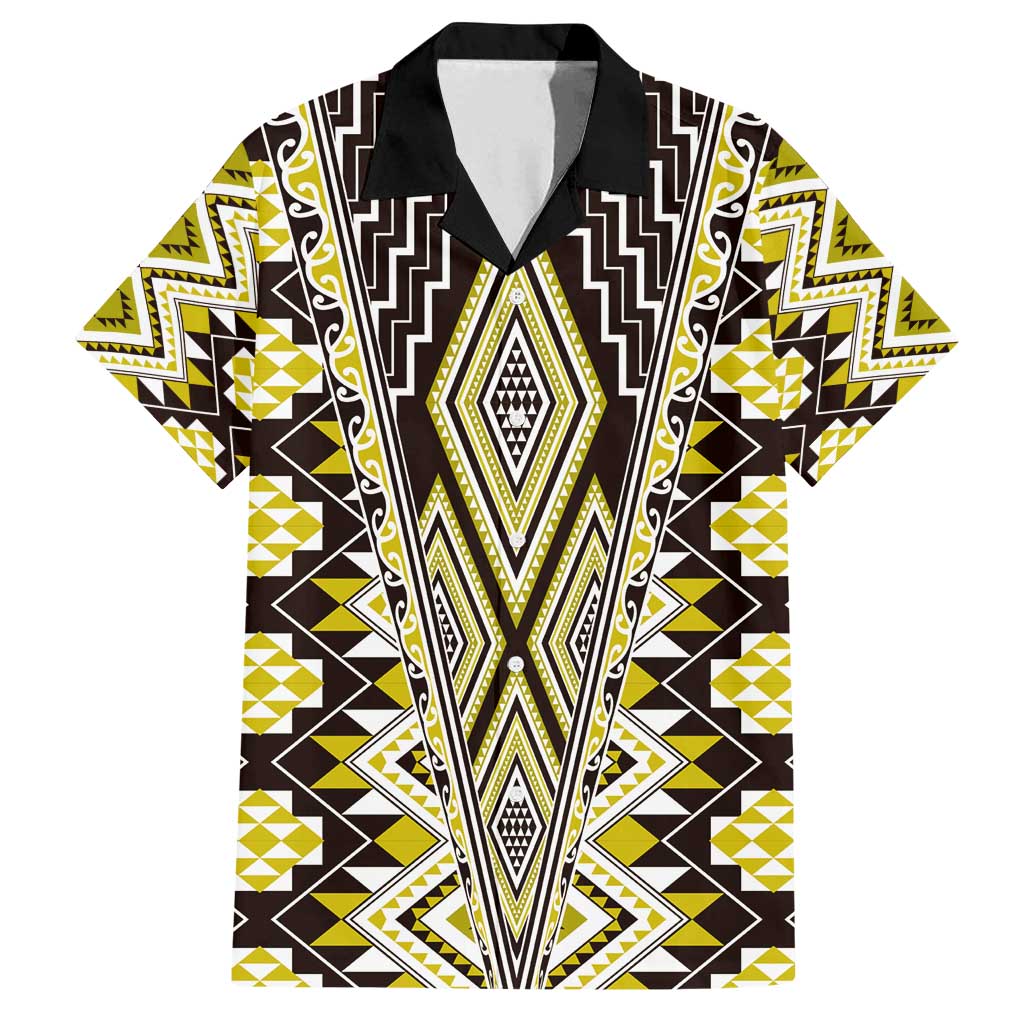 Yellow Aotearoa Tukutuku and Poutama Motif Family Matching Summer Maxi Dress and Hawaiian Shirt LT03 Dad's Shirt - Short Sleeve Yellow - Polynesian Pride