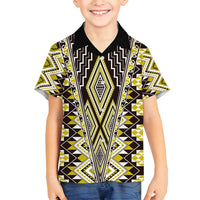 Yellow Aotearoa Tukutuku and Poutama Motif Family Matching Summer Maxi Dress and Hawaiian Shirt LT03 Son's Shirt Yellow - Polynesian Pride