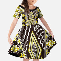 Yellow Aotearoa Tukutuku and Poutama Motif Family Matching Tank Maxi Dress and Hawaiian Shirt LT03 Daughter's Dress Yellow - Polynesian Pride