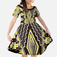 Yellow Aotearoa Tukutuku and Poutama Motif Kid Short Sleeve Dress