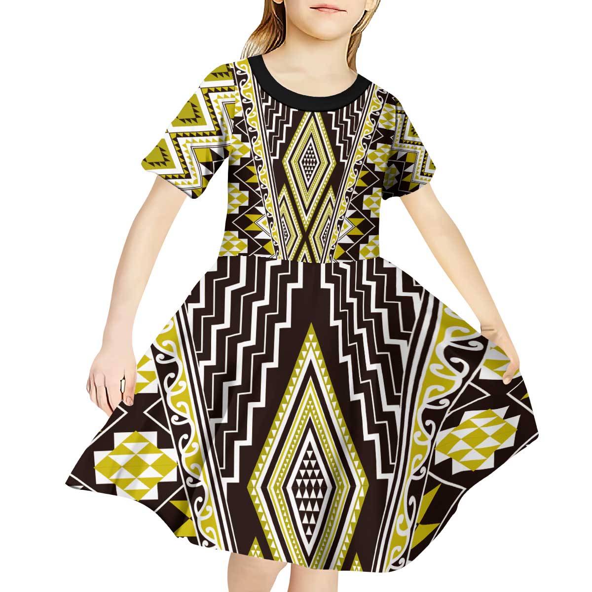 Yellow Aotearoa Tukutuku and Poutama Motif Kid Short Sleeve Dress