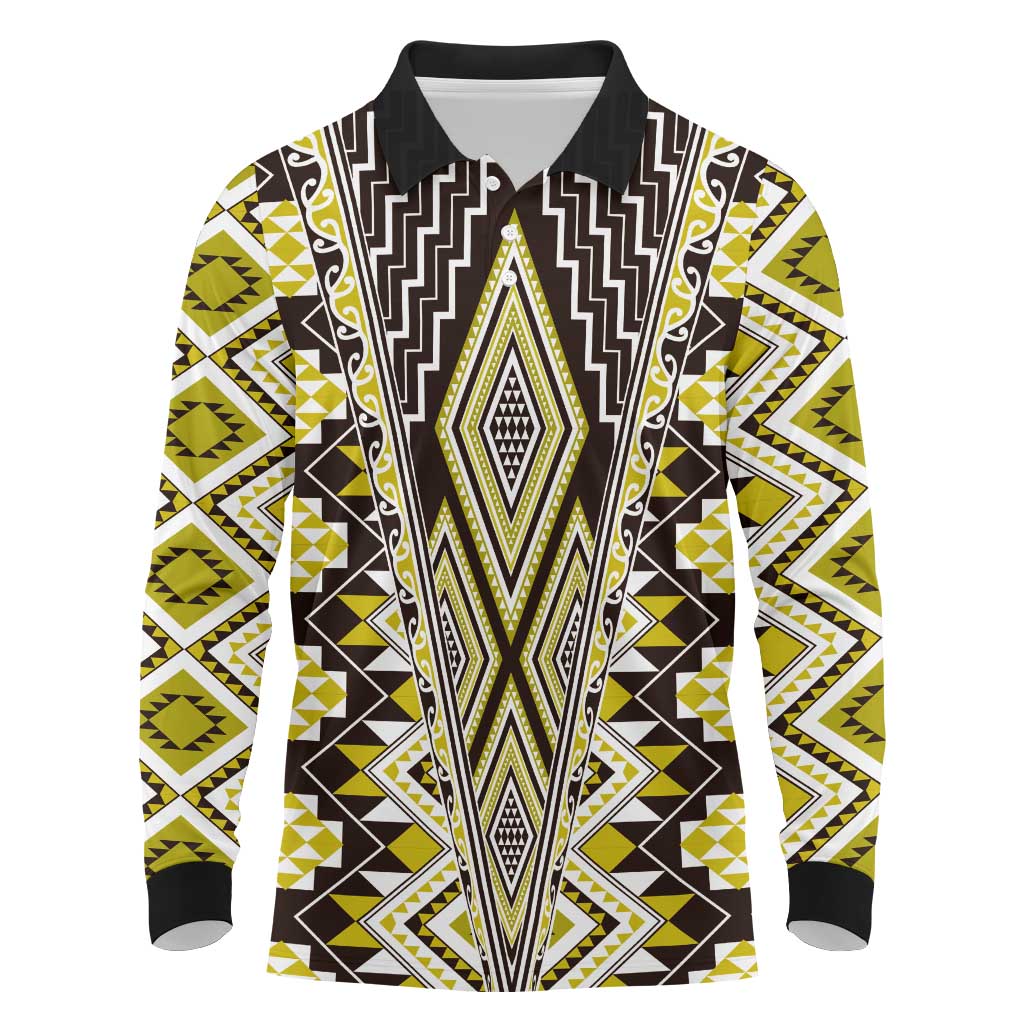 Yellow Aotearoa Tukutuku and Poutama Motif Long Sleeve Polo Shirt