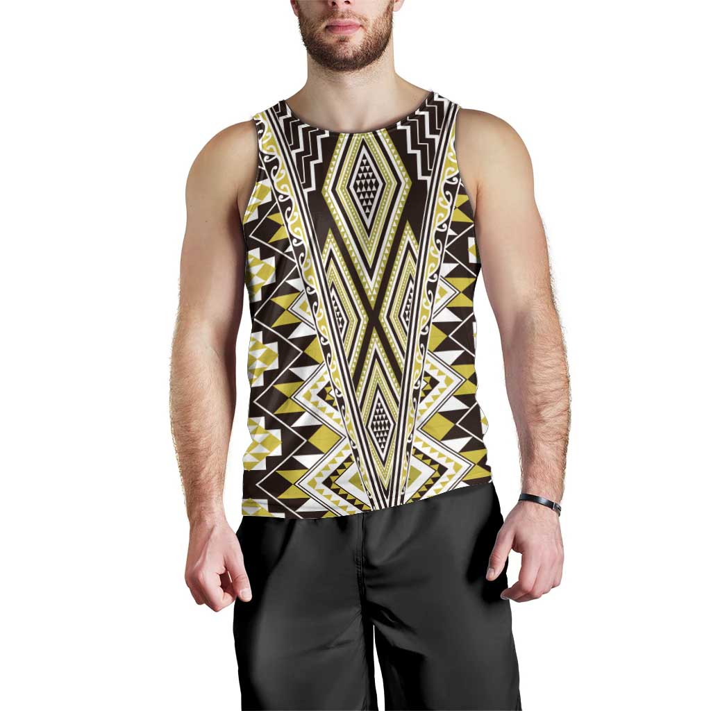 Yellow Aotearoa Tukutuku and Poutama Motif Men Tank Top