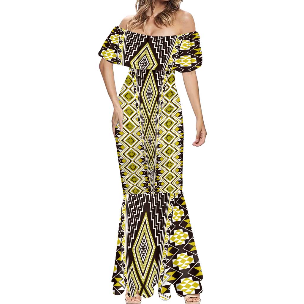Yellow Aotearoa Tukutuku and Poutama Motif Mermaid Dress