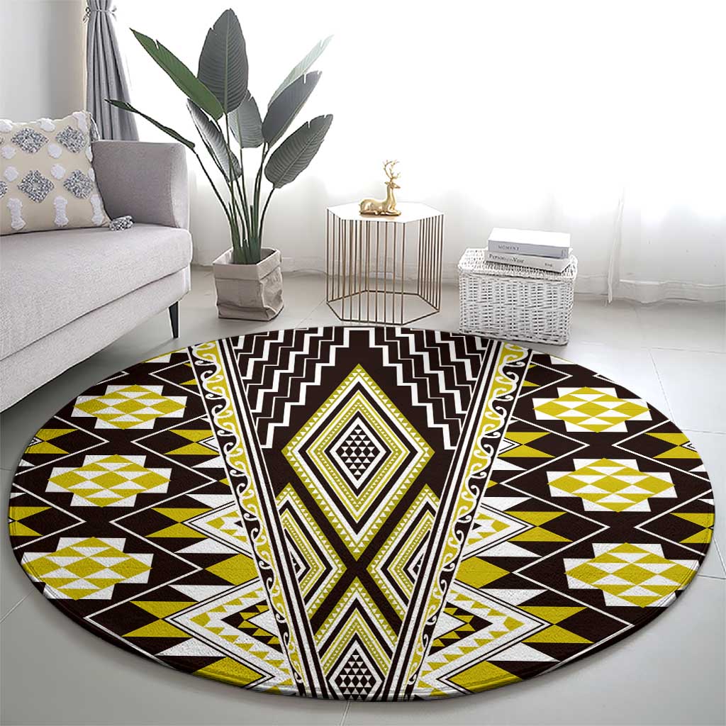 Yellow Aotearoa Tukutuku and Poutama Motif Round Carpet LT03 - Polynesian Pride