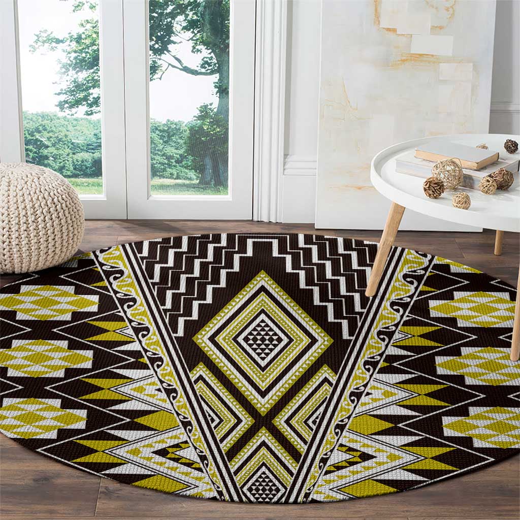 Yellow Aotearoa Tukutuku and Poutama Motif Round Carpet LT03 - Polynesian Pride