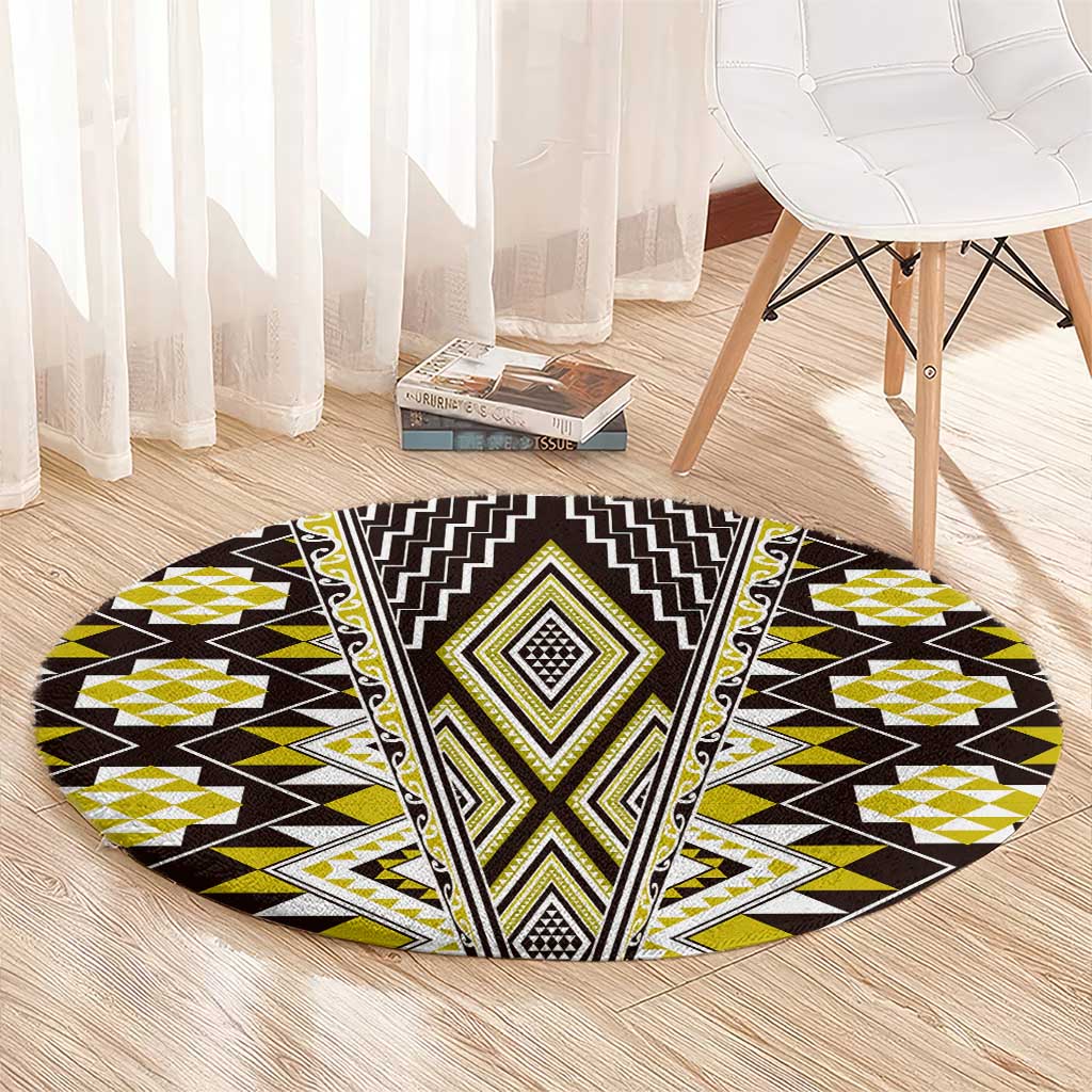 Yellow Aotearoa Tukutuku and Poutama Motif Round Carpet LT03 - Polynesian Pride