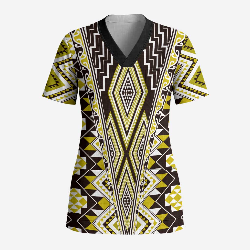 Yellow Aotearoa Tukutuku and Poutama Motif Scrub Top - Polynesian Pride