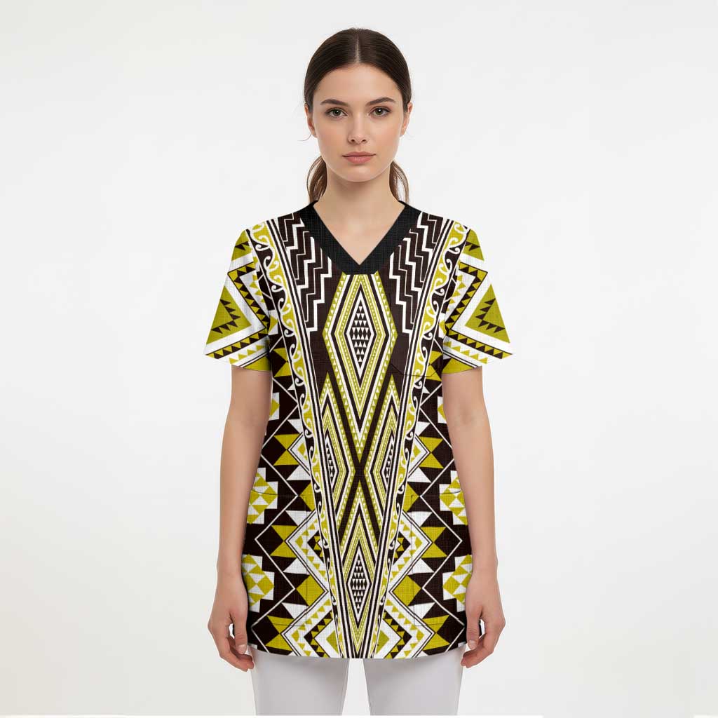 Yellow Aotearoa Tukutuku and Poutama Motif Scrub Top - Polynesian Pride