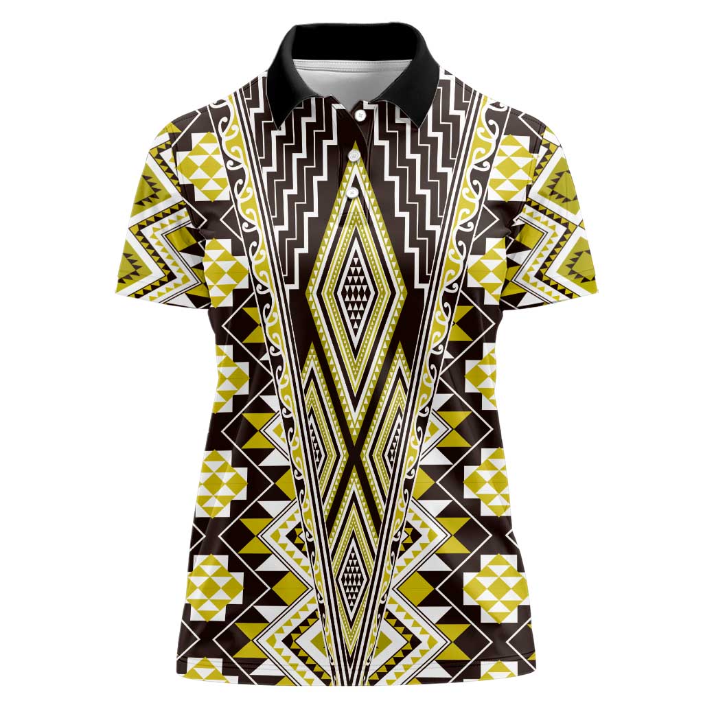 Yellow Aotearoa Tukutuku and Poutama Motif Women Polo Shirt
